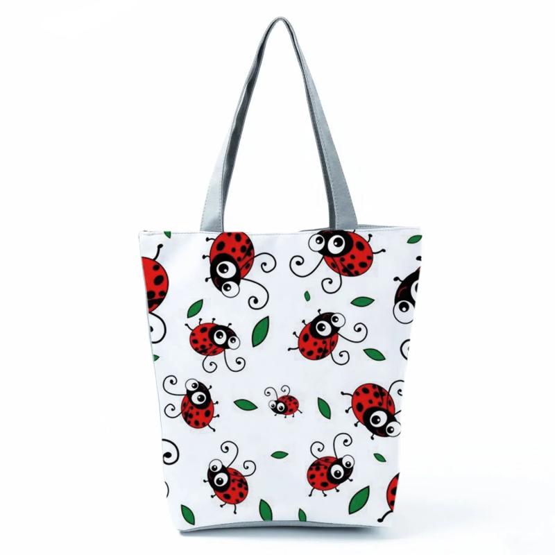 Cartoon Bee Ladybug Print Tote Bag Foldable Shopping Handbag Beach Bag
