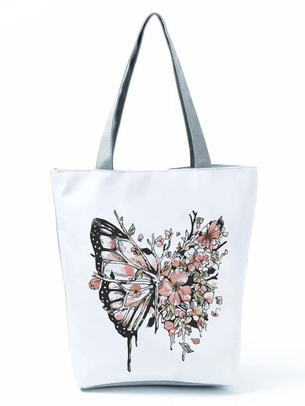 Butterfly Print Cartoon Handbags Floral High Capacity Shopping Bag