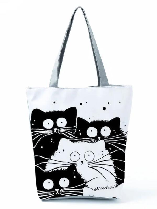Cat Women Handbags Foldable Harajuku Eco Totes Daily Casual Bags
