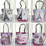Eiffel Tower Linen Tote Bag Landscape Print Reusable Shoulder Handbag
