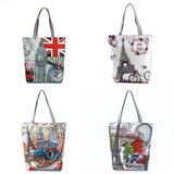 Eiffel Tower Linen Tote Bag Landscape Print Reusable Shoulder Handbag