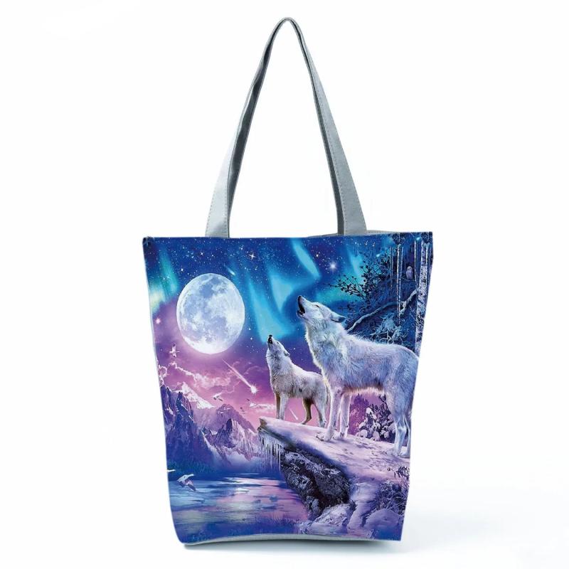 Wolf Printed Shoulder Bag High Capacity Eco Friendly Portable Shopping Bag