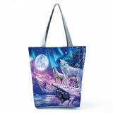 Wolf Printed Shoulder Bag High Capacity Eco Friendly Portable Shopping Bag