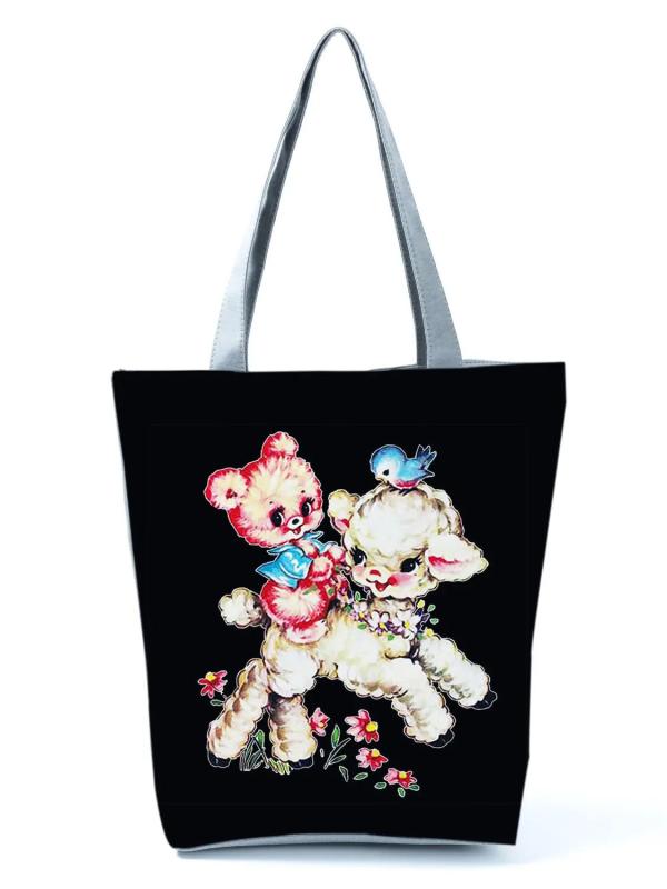 Large Capacity Female Shopper Bag Sheep Floral Cartoon Tote Handbag