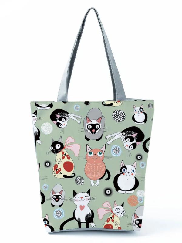 Lovely Cat Printed Tote Bag for Women Work Shoulder Shopping Handbag