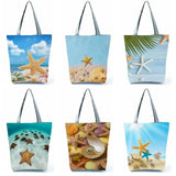 Seabed Starfish Pattern Print Shoulder Bag Eco-Friendly Beach Tote