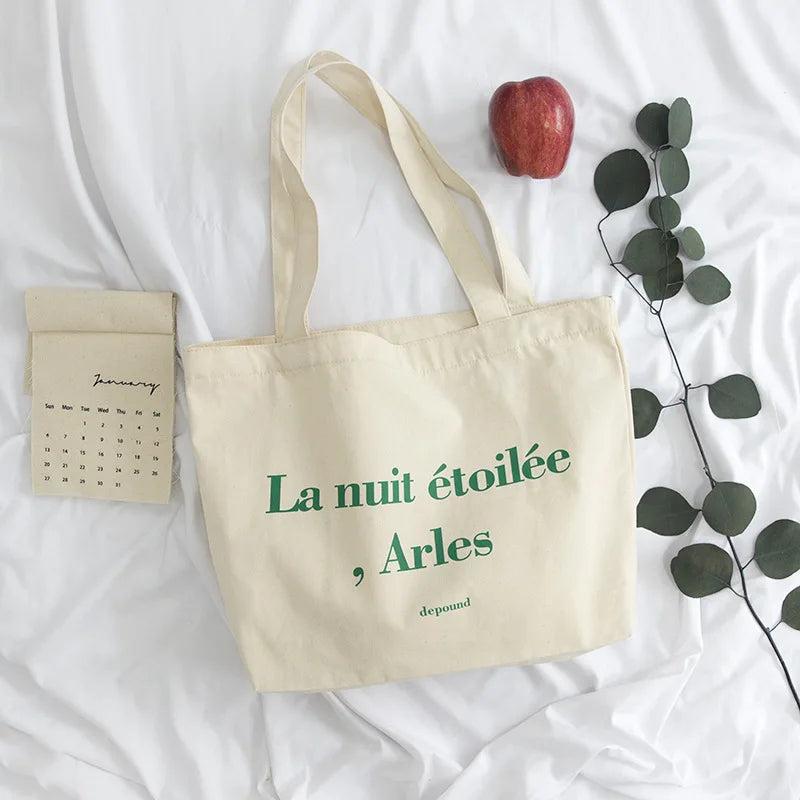 French Letter Print Canvas Shoulder Bag for Women