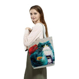 Lady Tote Bags Cat Printed Fabric Eco Handbag High Capacity Shopping Office