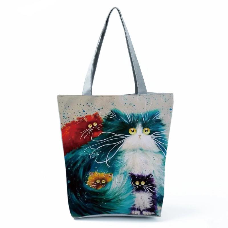 Lady Tote Bags Cat Printed Fabric Eco Handbag High Capacity Shopping Office