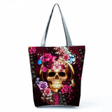 Skull Rose Print Handbag Shoulder Bag Ladies Eco Friendly Shopping Bag