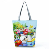 Floral Birds Print Tote Bag Eco Reusable Handbag Large Green Foldable
