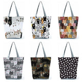Cartoon Cat Print Women Shopping Bag Fabric Shoulder Bag