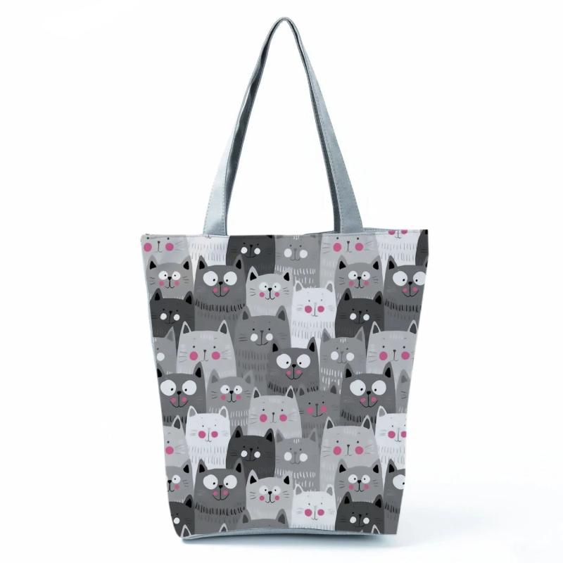 Cartoon Cat Print Women Shopping Bag Fabric Shoulder Bag