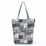 Cartoon Cat Print Women Shopping Bag Fabric Shoulder Bag