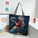Women's Flower Print Canvas Tote Handbag