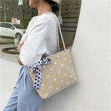 Straw Woven Shoulder Bag Flower Lace Ribbon Beach Handbags