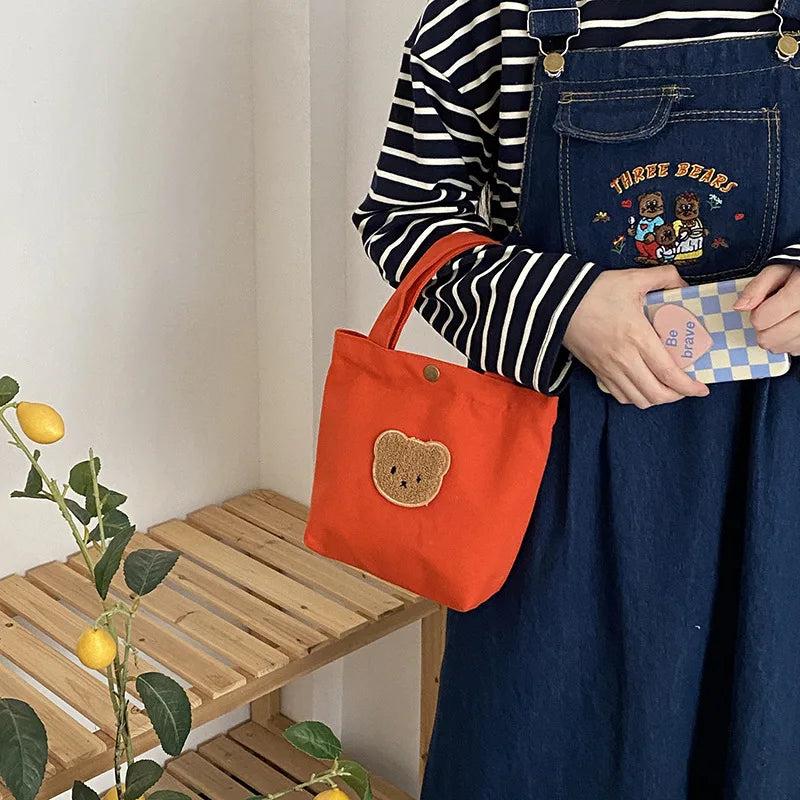 Bear Embroidered Canvas Clutch Purse Handbag