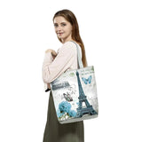 Floral Eiffel Tower Print Tote Handbag Paris Landscape Shoulder Bag