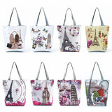 Floral Eiffel Tower Print Tote Handbag Paris Landscape Shoulder Bag