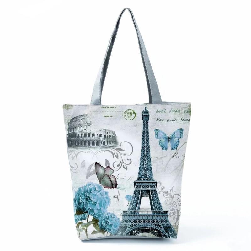 Floral Eiffel Tower Print Tote Handbag Paris Landscape Shoulder Bag