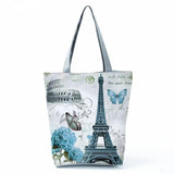Floral Eiffel Tower Print Tote Handbag Paris Landscape Shoulder Bag