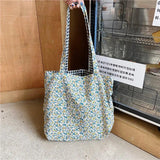 Retro Plaid Floral Shoulder Bag Double-sided Women Canvas Tote Handbags