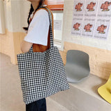 Retro Plaid Floral Shoulder Bag Double-sided Women Canvas Tote Handbags