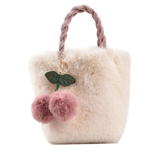 Cherry Pendant Winter Bag Women Plush Clutch Faux Fur Totes Underarm Handbags
