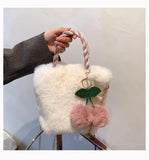 Cherry Pendant Winter Bag Women Plush Clutch Faux Fur Totes Underarm Handbags
