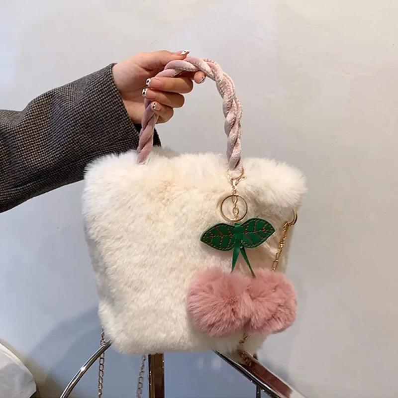Cherry Pendant Winter Bag Women Plush Clutch Faux Fur Totes Underarm Handbags