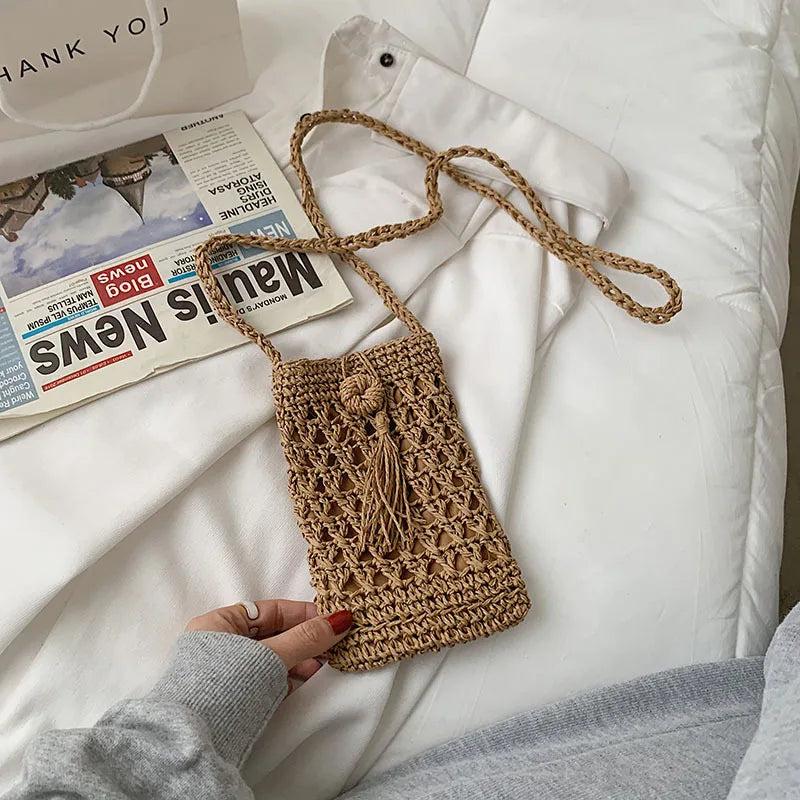 Summer Straw Tassel Crossbody Bag for Beach, Mini Shoulder Bag