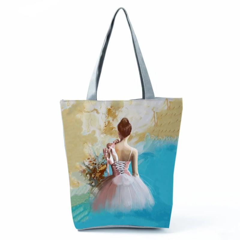 Ballet Art Girl Tote Bag Foldable Shopping Handbag for Women