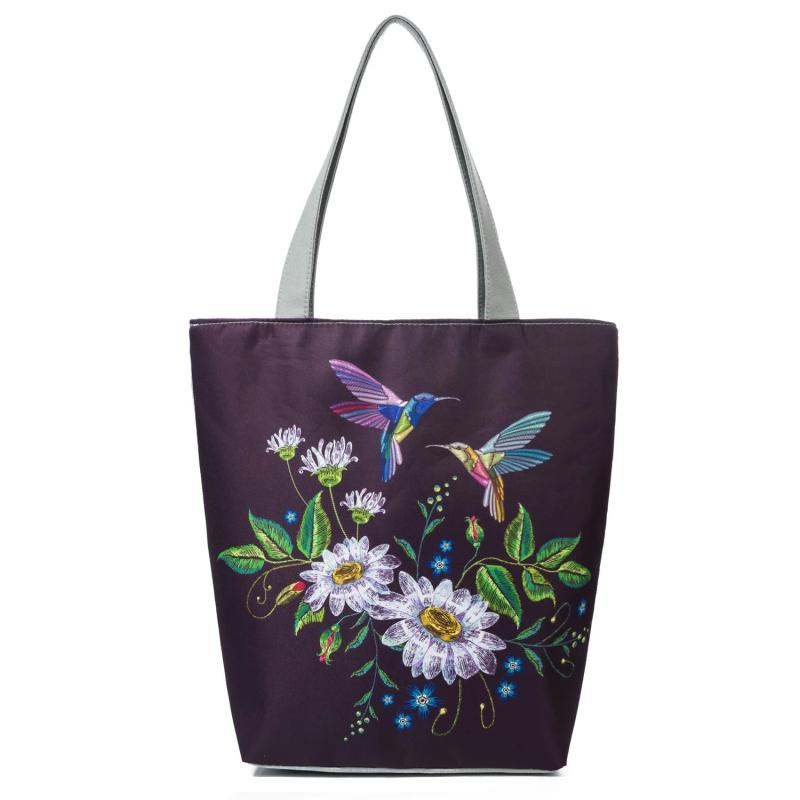 Colorful Embroidery Floral Bird Lady Shoulder Bag Eco Tote