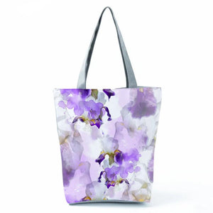 Purple Floral Watercolor Printed Handbag High Capacity Shopping Bag