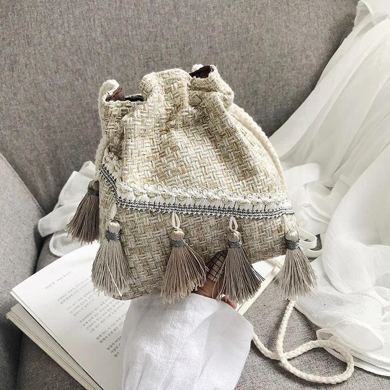 Chinese Style Tassel Bucket Bag Small Handbag