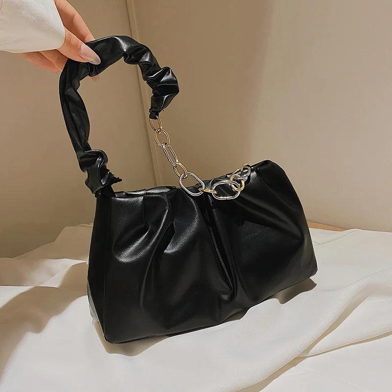 Metal Chain Fold Lady Single Shoulder Bag Retro Leisure Shopping Handbag