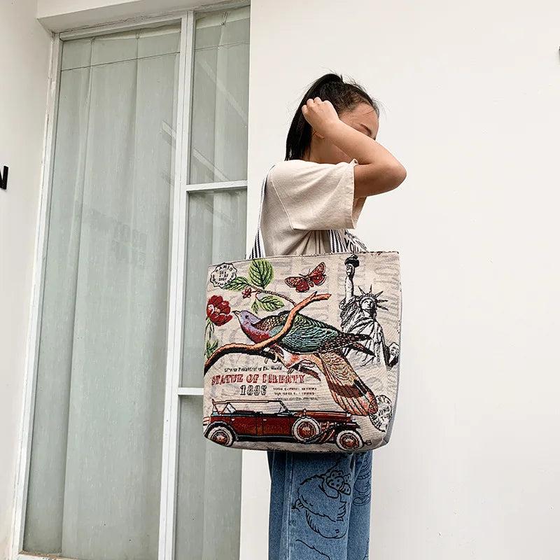Ethnic Cartoon Printed Canvas Handbag Large Capacity Tote