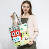 Floral & Owl Print Canvas Tote Bag Large Capacity Women Shopping Handbag