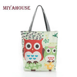Floral & Owl Print Canvas Tote Bag Large Capacity Women Shopping Handbag