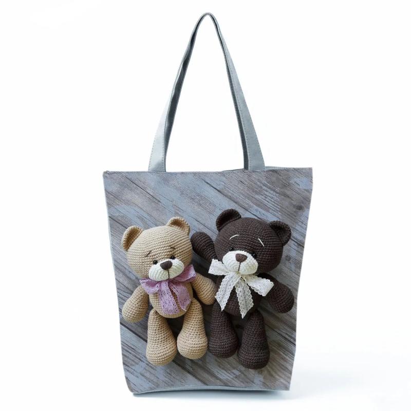 Teddy Bear Printed Handbags Eco Friendly Portable Storage Shopping Bag