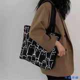 Canvas Cat Tote Bag with Zipper for Women