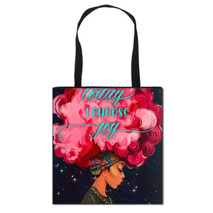 Afro Brown Girls Print Handbag Canvas Totes Lady Shopping Bag
