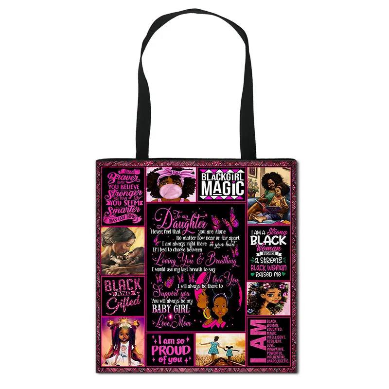 Afro Brown Girls Print Handbag Canvas Totes Lady Shopping Bag