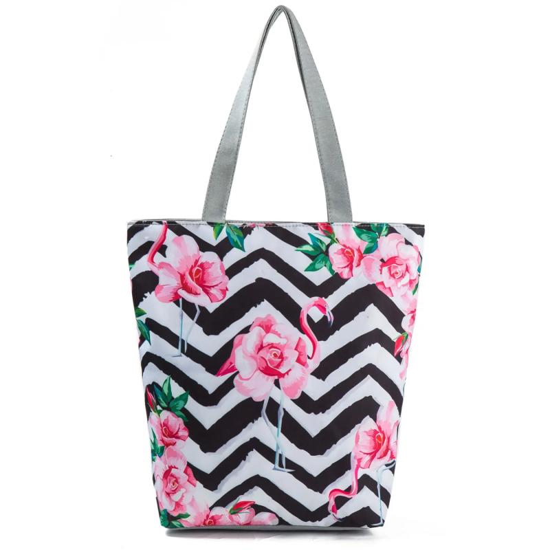 Striped Flamingo Print Shoulder Bag Floral Animal Pattern Handbag