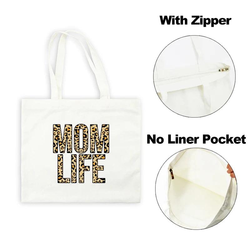 Mom Life Canvas Shopping Bags Tote Shoulder Bags Casual Totes Handbag