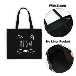 Cat Print Tote Bag for Women Foldable Canvas Handbag Eco Zipper