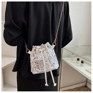Bucket Shape Shoulder Bag Women Chains Sequined Handbag Purse