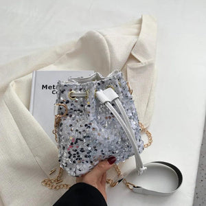 Bucket Shape Shoulder Bag Women Chains Sequined Handbag Purse