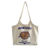Women's Beige Canvas Shoulder Bag Dog Student Girls Large Capacity Handbag