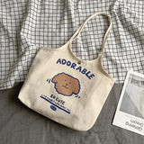 Women's Beige Canvas Shoulder Bag Dog Student Girls Large Capacity Handbag